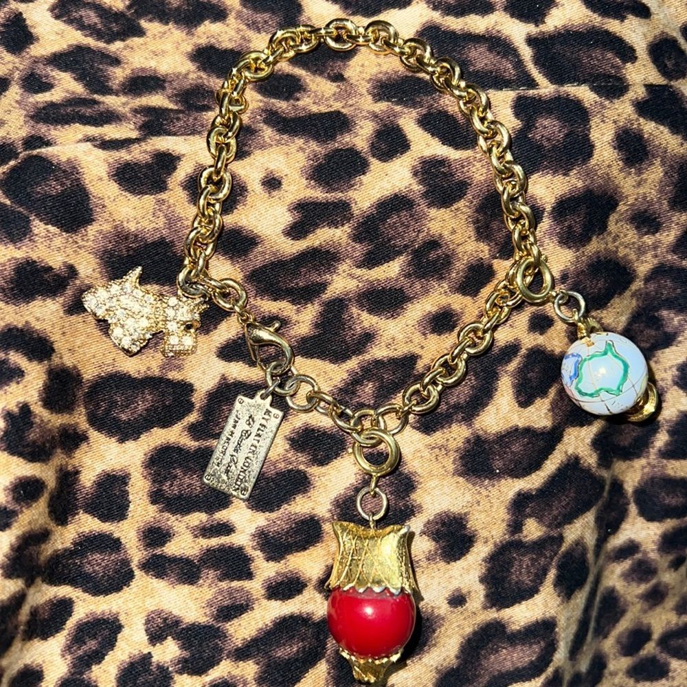Brighton Charm Gold Tone Bracelet Lobster Claw Globe Owl Dog Terrier